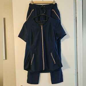 Cherokee Statement Scrub Top and Bottom (Small, Color: Navy Blue)